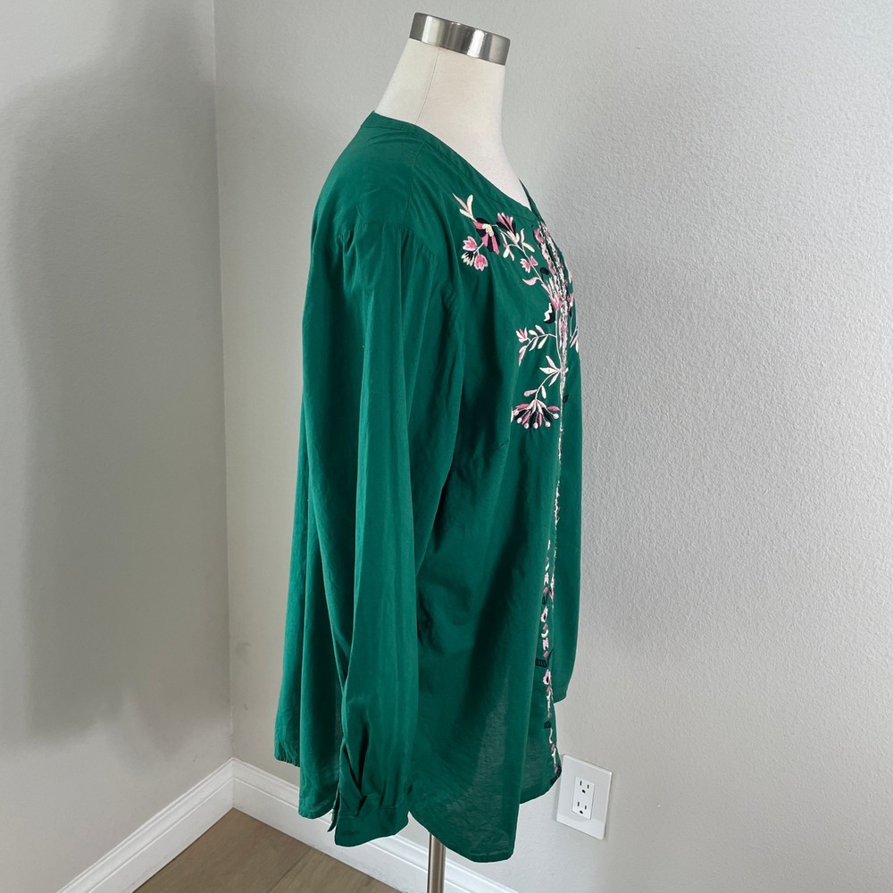 J Jill Womens Plus 2X Green Floral Embroidered Tunic Top Shirt Long Sleeve - Picture 6 of 8